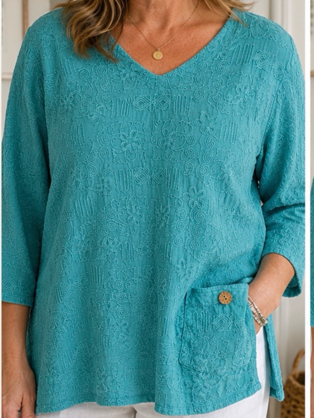 Boho Focus Casual Life Turquoise Cotton Embroidered Tunic Top Blouse